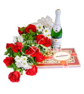 red roses with wine and chocolates